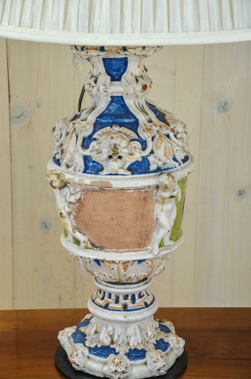 19th Century Pair of Italian Majolica Vases Mounted as Lamps 2